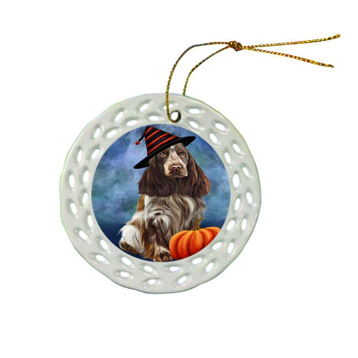 Happy Halloween Cocker Spaniel Dog Wearing Witch Hat with Pumpkin Ceramic Doily Ornament DPOR54958