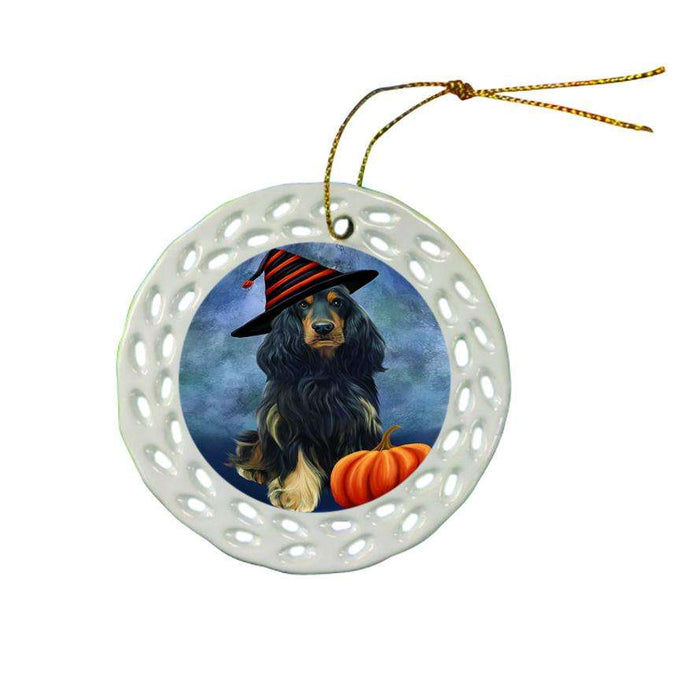 Happy Halloween Cocker Spaniel Dog Wearing Witch Hat with Pumpkin Ceramic Doily Ornament DPOR54959