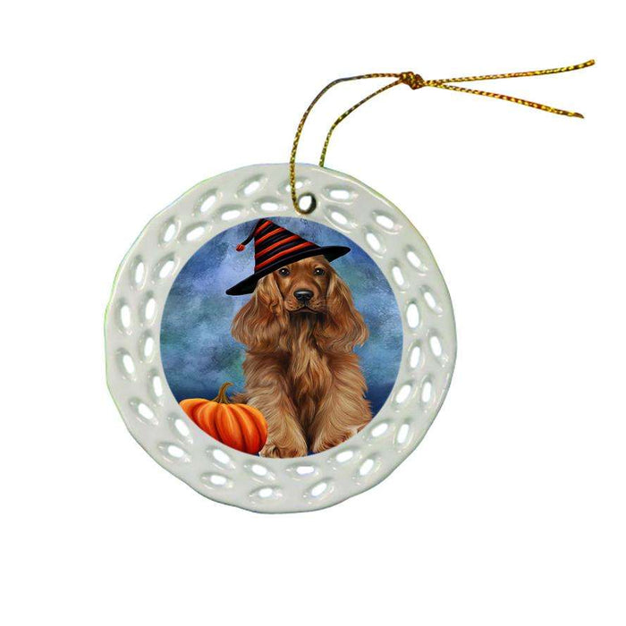 Happy Halloween Cocker Spaniel Dog Wearing Witch Hat with Pumpkin Ceramic Doily Ornament DPOR54960