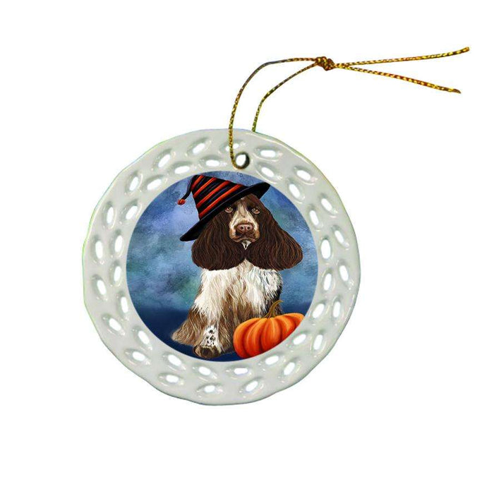 Happy Halloween Cocker Spaniel Dog Wearing Witch Hat with Pumpkin Ceramic Doily Ornament DPOR55020