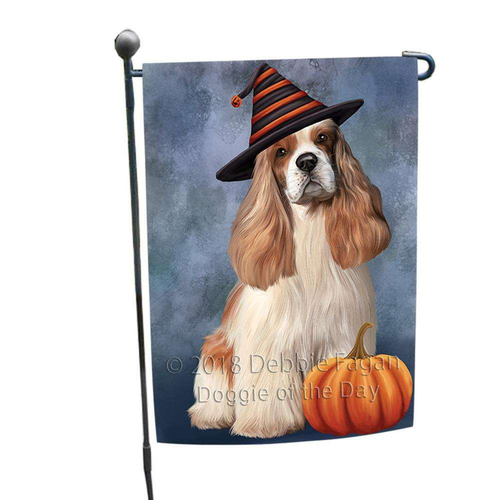 Happy Halloween Cocker Spaniel Dog Wearing Witch Hat with Pumpkin Garden Flag GFLG54914