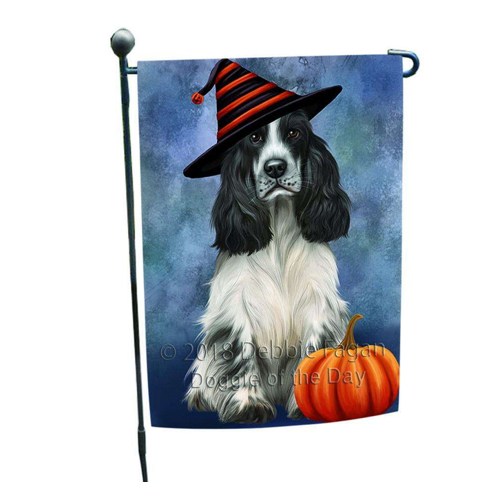 Happy Halloween Cocker Spaniel Dog Wearing Witch Hat with Pumpkin Garden Flag GFLG55019