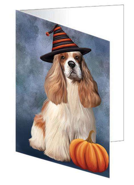 Happy Halloween Cocker Spaniel Dog Wearing Witch Hat with Pumpkin Handmade Artwork Assorted Pets Greeting Cards and Note Cards with Envelopes for All Occasions and Holiday Seasons GCD68585
