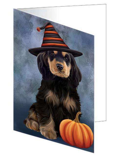 Happy Halloween Cocker Spaniel Dog Wearing Witch Hat with Pumpkin Handmade Artwork Assorted Pets Greeting Cards and Note Cards with Envelopes for All Occasions and Holiday Seasons GCD68588