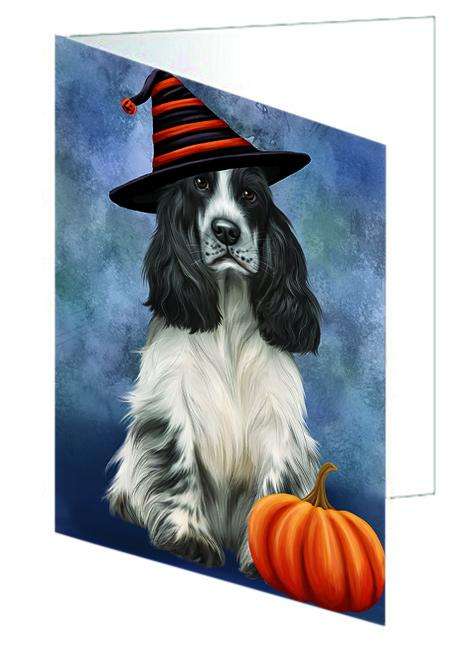 Happy Halloween Cocker Spaniel Dog Wearing Witch Hat with Pumpkin Handmade Artwork Assorted Pets Greeting Cards and Note Cards with Envelopes for All Occasions and Holiday Seasons GCD68693