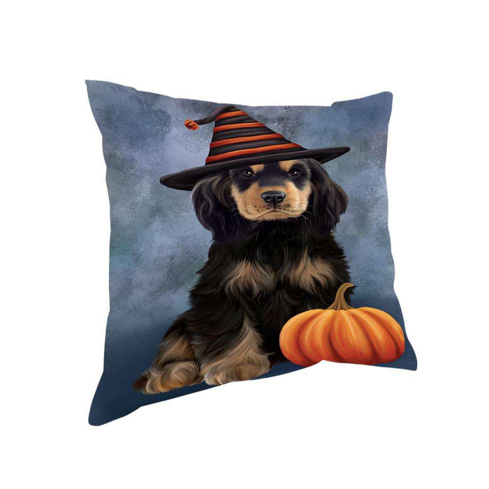 Happy Halloween Cocker Spaniel Dog Wearing Witch Hat with Pumpkin Pillow PIL76036