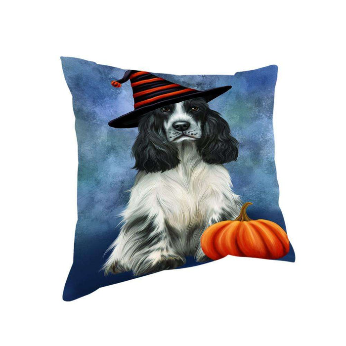 Happy Halloween Cocker Spaniel Dog Wearing Witch Hat with Pumpkin Pillow PIL76176