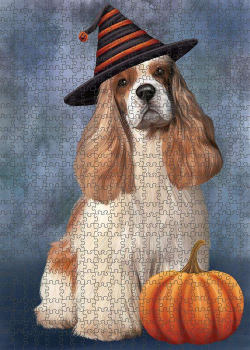 Happy Halloween Cocker Spaniel Dog Wearing Witch Hat with Pumpkin Puzzle with Photo Tin PUZL86564