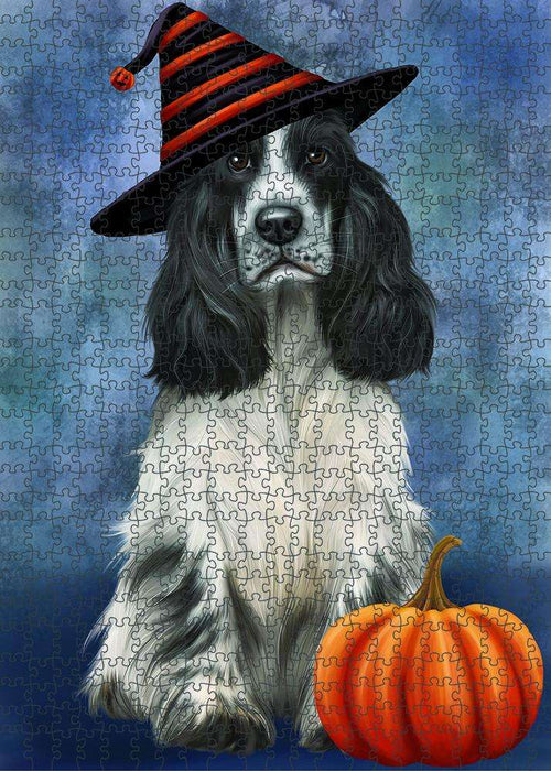 Happy Halloween Cocker Spaniel Dog Wearing Witch Hat with Pumpkin Puzzle with Photo Tin PUZL86984