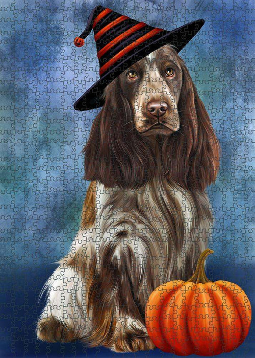 Happy Halloween Cocker Spaniel Dog Wearing Witch Hat with Pumpkin Puzzle with Photo Tin PUZL86988
