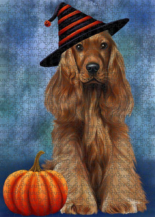 Happy Halloween Cocker Spaniel Dog Wearing Witch Hat with Pumpkin Puzzle with Photo Tin PUZL86996