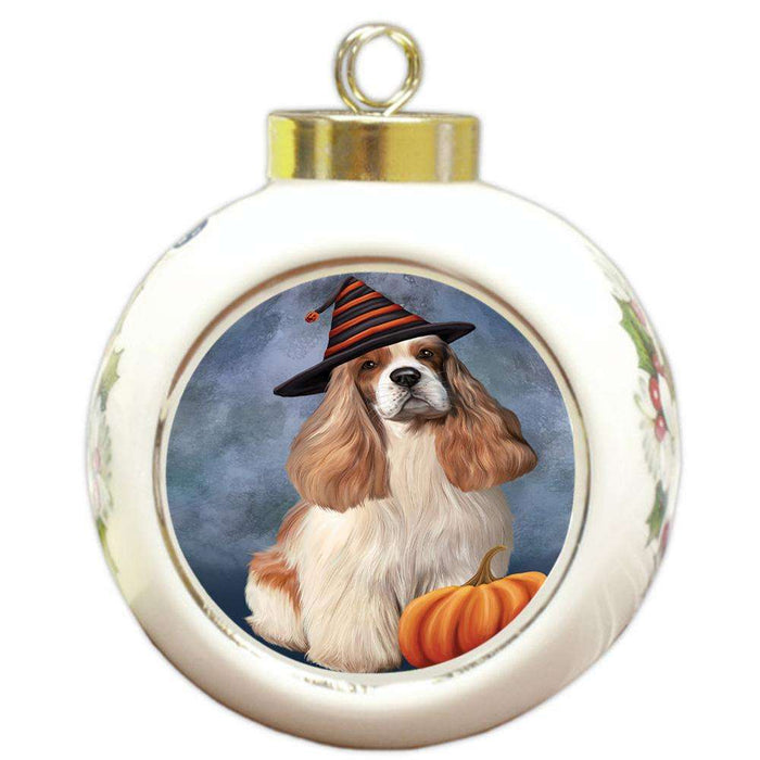 Happy Halloween Cocker Spaniel Dog Wearing Witch Hat with Pumpkin Round Ball Christmas Ornament RBPOR54852