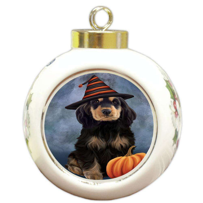 Happy Halloween Cocker Spaniel Dog Wearing Witch Hat with Pumpkin Round Ball Christmas Ornament RBPOR54853