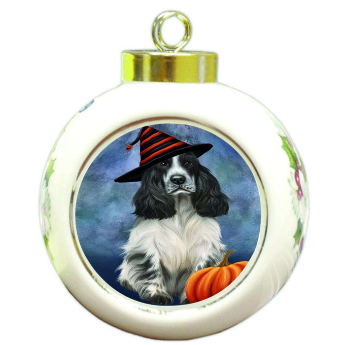 Happy Halloween Cocker Spaniel Dog Wearing Witch Hat with Pumpkin Round Ball Christmas Ornament RBPOR54957