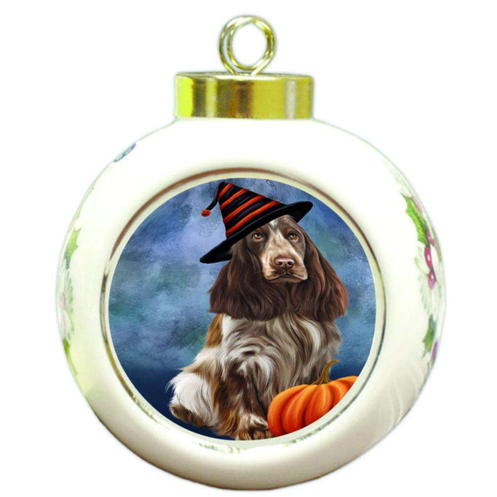 Happy Halloween Cocker Spaniel Dog Wearing Witch Hat with Pumpkin Round Ball Christmas Ornament RBPOR54958