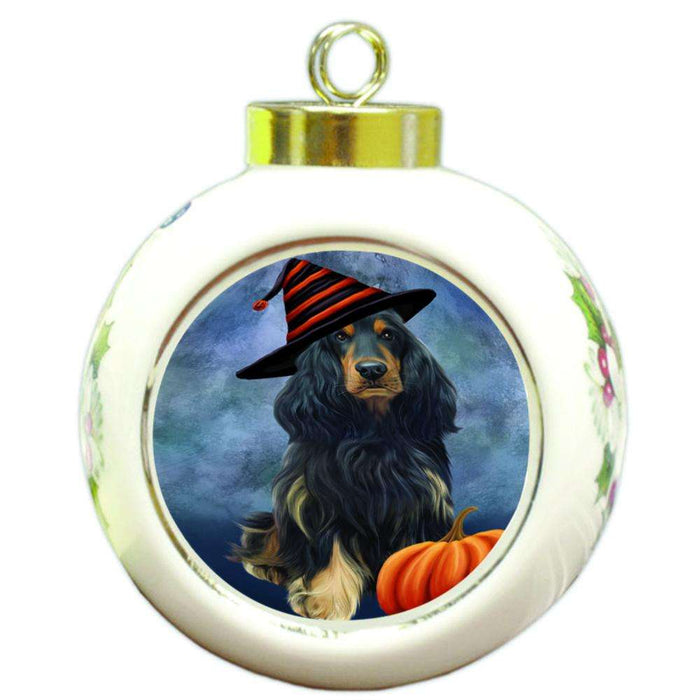 Happy Halloween Cocker Spaniel Dog Wearing Witch Hat with Pumpkin Round Ball Christmas Ornament RBPOR54959