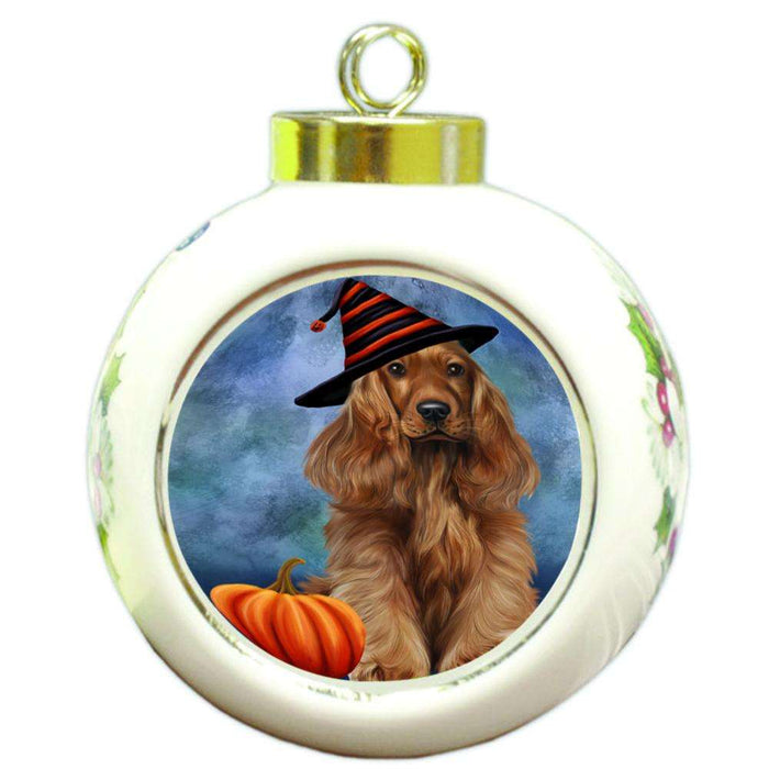 Happy Halloween Cocker Spaniel Dog Wearing Witch Hat with Pumpkin Round Ball Christmas Ornament RBPOR54960