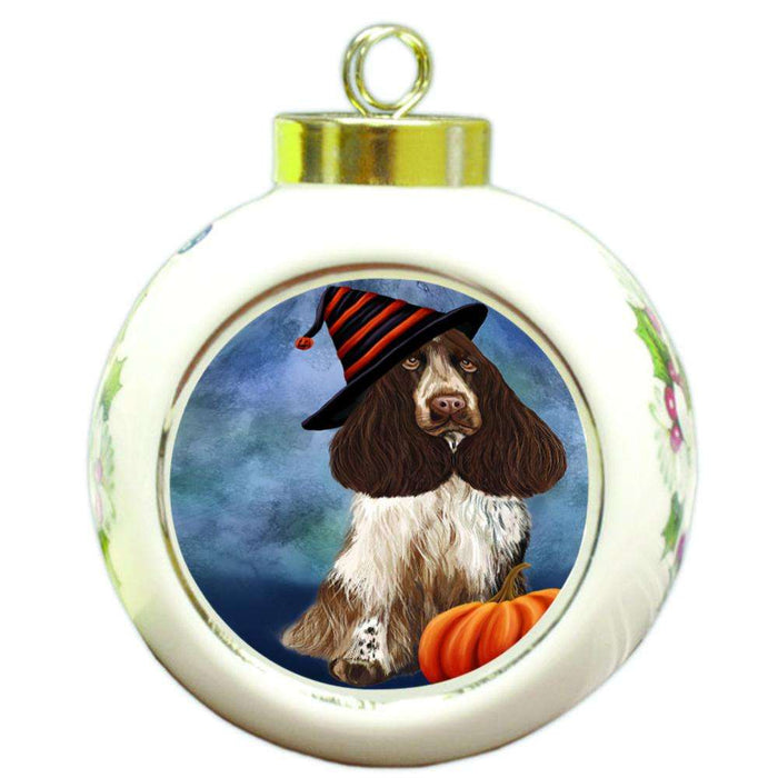 Happy Halloween Cocker Spaniel Dog Wearing Witch Hat with Pumpkin Round Ball Christmas Ornament RBPOR55020
