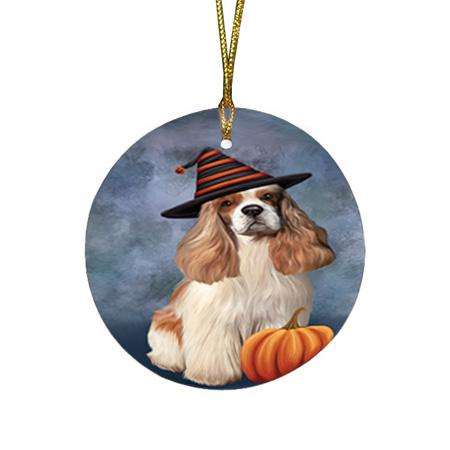 Happy Halloween Cocker Spaniel Dog Wearing Witch Hat with Pumpkin Round Flat Christmas Ornament RFPOR54843