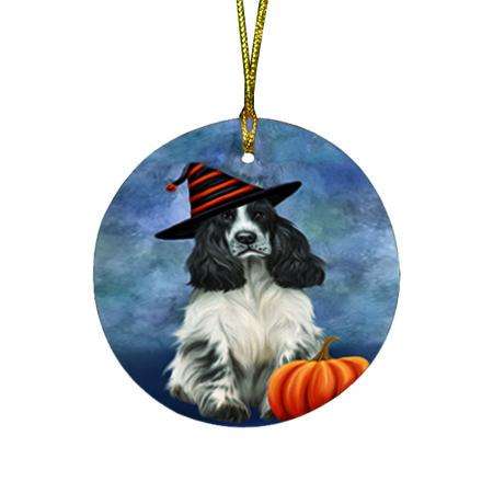 Happy Halloween Cocker Spaniel Dog Wearing Witch Hat with Pumpkin Round Flat Christmas Ornament RFPOR54948