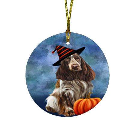 Happy Halloween Cocker Spaniel Dog Wearing Witch Hat with Pumpkin Round Flat Christmas Ornament RFPOR54949