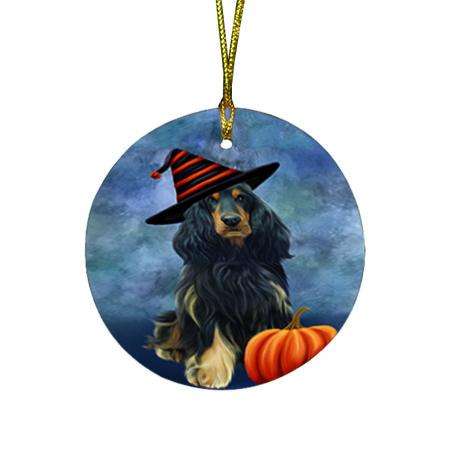 Happy Halloween Cocker Spaniel Dog Wearing Witch Hat with Pumpkin Round Flat Christmas Ornament RFPOR54950