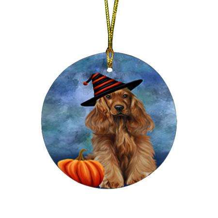 Happy Halloween Cocker Spaniel Dog Wearing Witch Hat with Pumpkin Round Flat Christmas Ornament RFPOR54951
