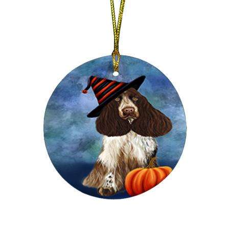 Happy Halloween Cocker Spaniel Dog Wearing Witch Hat with Pumpkin Round Flat Christmas Ornament RFPOR55011