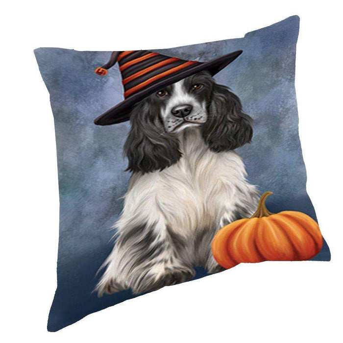 Happy Halloween Cocker Spaniel Dog Wearing Witch Hat with Pumpkin Throw Pillow D083
