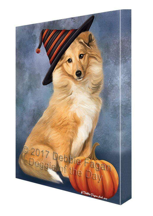 Happy Halloween Collie Dog Wearing Witch Hat with Pumpkin Canvas Wall Art