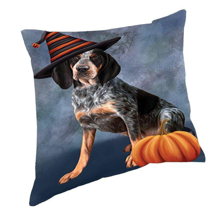 Happy Halloween Coonhound Bluetick Dog Wearing Witch Hat with Pumpkin Throw Pillow