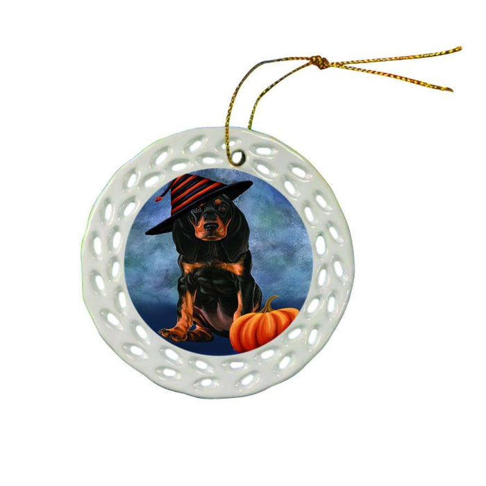 Happy Halloween Coonhound Dog Wearing Witch Hat with Pumpkin Ceramic Doily Ornament DPOR55021