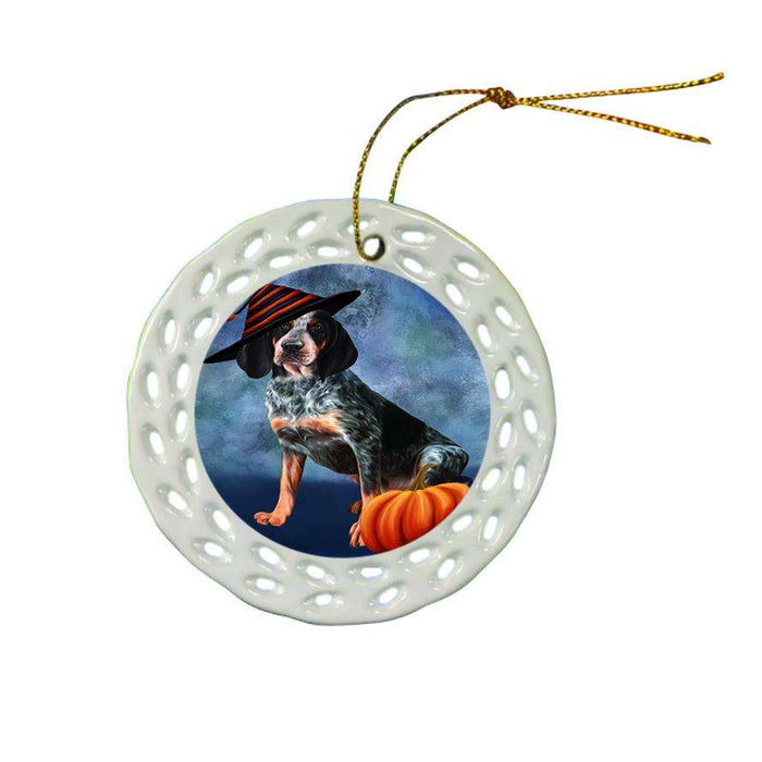 Happy Halloween Coonhound Dog Wearing Witch Hat with Pumpkin Ceramic Doily Ornament DPOR55022