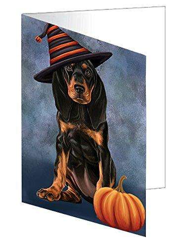 Happy Halloween Coonhound Dog Wearing Witch Hat with Pumpkin Handmade Artwork Assorted Pets Greeting Cards and Note Cards with Envelopes for All Occasions and Holiday Seasons