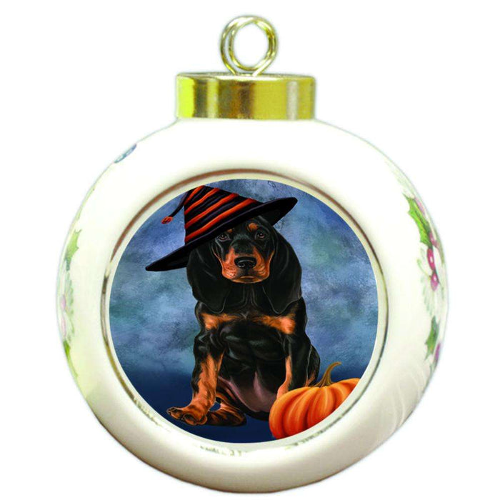Happy Halloween Coonhound Dog Wearing Witch Hat with Pumpkin Round Ball Christmas Ornament RBPOR55021