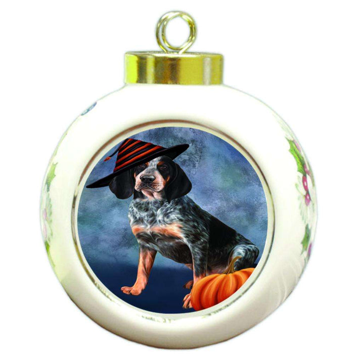 Happy Halloween Coonhound Dog Wearing Witch Hat with Pumpkin Round Ball Christmas Ornament RBPOR55022