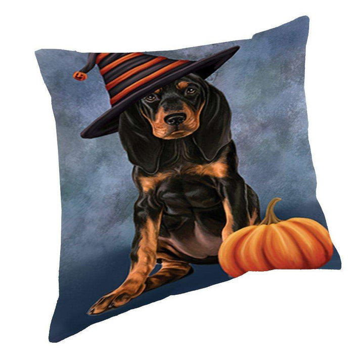 Happy Halloween Coonhound Dog Wearing Witch Hat with Pumpkin Throw Pillow