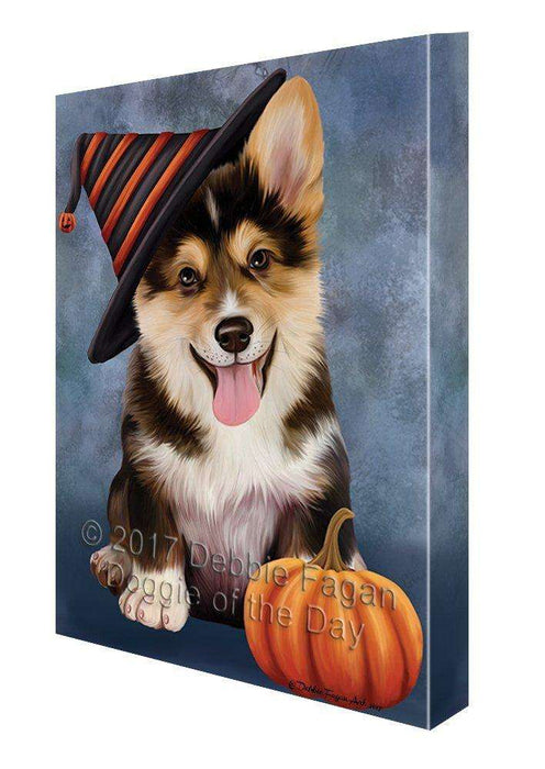 Happy Halloween Corgi Dog Wearing Witch Hat with Pumpkin Canvas Wall Art