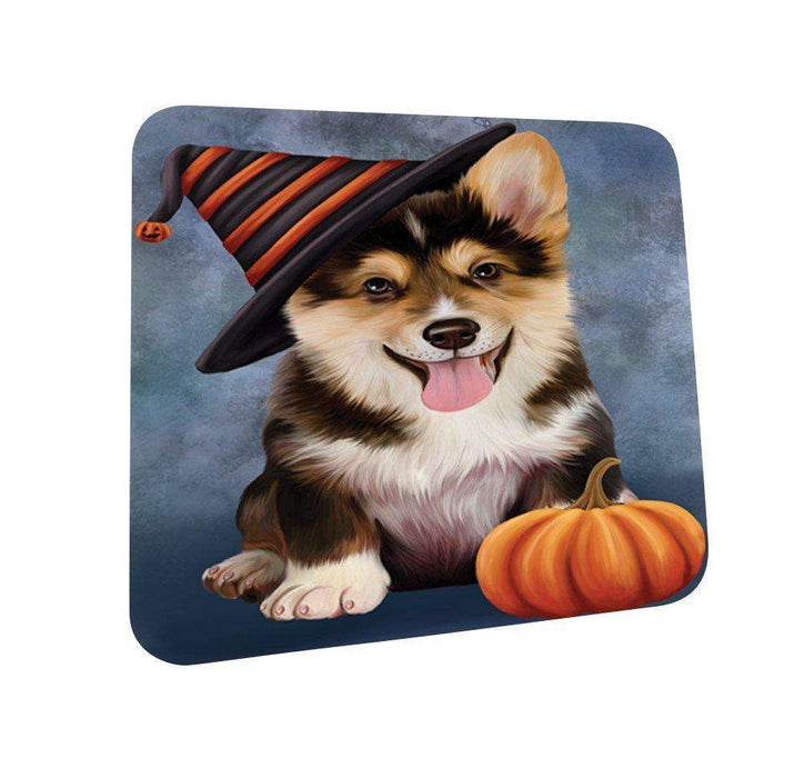 Happy Halloween Corgi Dog Wearing Witch Hat with Pumpkin Coasters Set of 4
