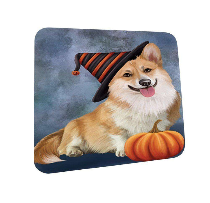 Happy Halloween Corgi Dog Wearing Witch Hat with Pumpkin Coasters Set of 4