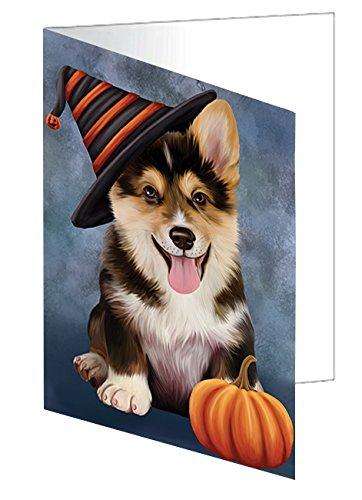 Happy Halloween Corgi Dog Wearing Witch Hat with Pumpkin Handmade Artwork Assorted Pets Greeting Cards and Note Cards with Envelopes for All Occasions and Holiday Seasons