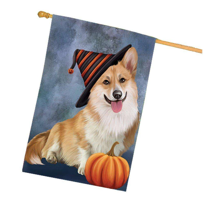 Happy Halloween Corgi Dog Wearing Witch Hat with Pumpkin House Flag