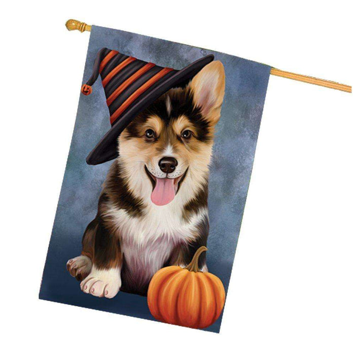 Happy Halloween Corgi Dog Wearing Witch Hat with Pumpkin House Flag