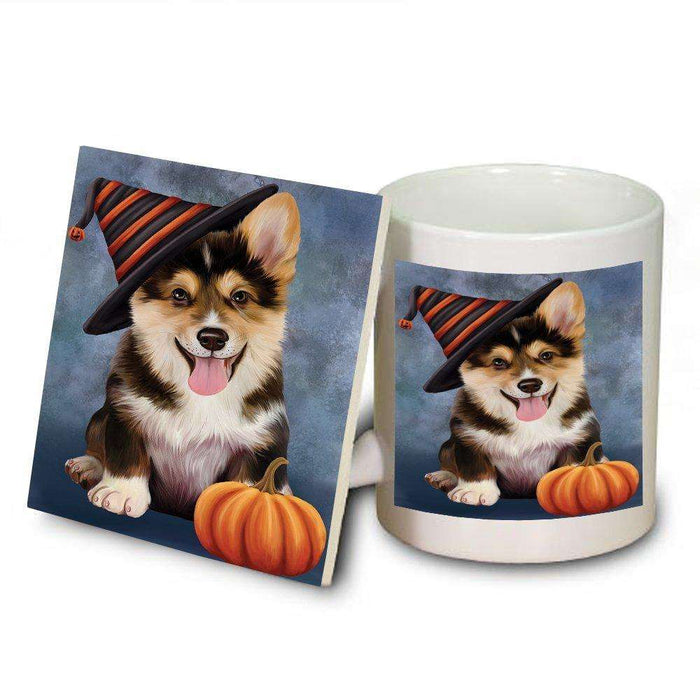 Happy Halloween Corgi Dog Wearing Witch Hat with Pumpkin Mug and Coaster Set