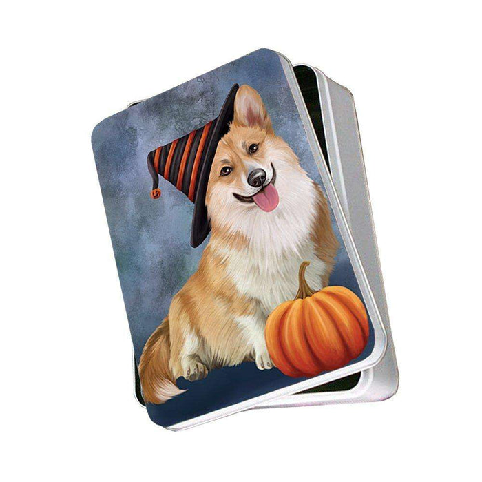 Happy Halloween Corgi Dog Wearing Witch Hat with Pumpkin Photo Storage Tin