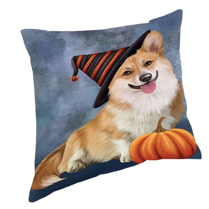 Happy Halloween Corgi Dog Wearing Witch Hat with Pumpkin Throw Pillow