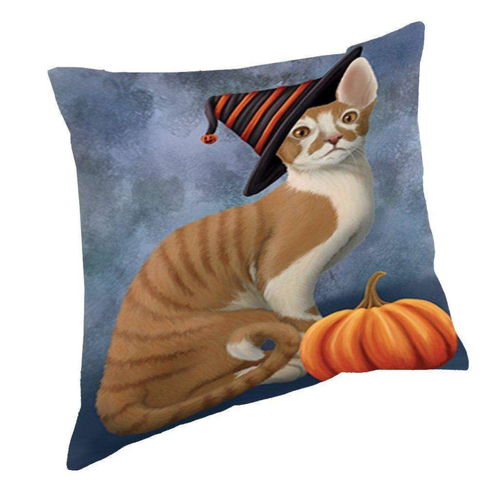 Happy Halloween Cornish Red Cat Wearing Witch Hat with Pumpkin Throw Pillow