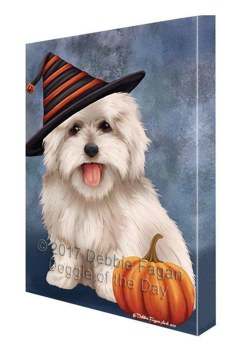 Happy Halloween Coton De Tulear Dog Wearing Witch Hat with Pumpkin Canvas Wall Art
