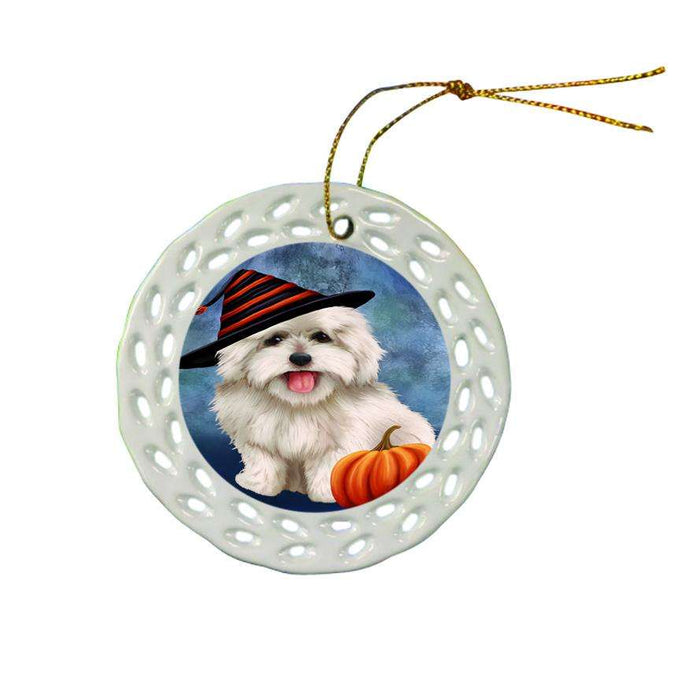 Happy Halloween Coton De Tulear Dog Wearing Witch Hat with Pumpkin Ceramic Doily Ornament DPOR55024