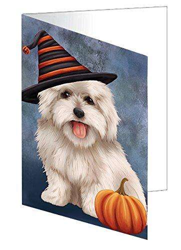Happy Halloween Coton De Tulear Dog Wearing Witch Hat with Pumpkin Handmade Artwork Assorted Pets Greeting Cards and Note Cards with Envelopes for All Occasions and Holiday Seasons